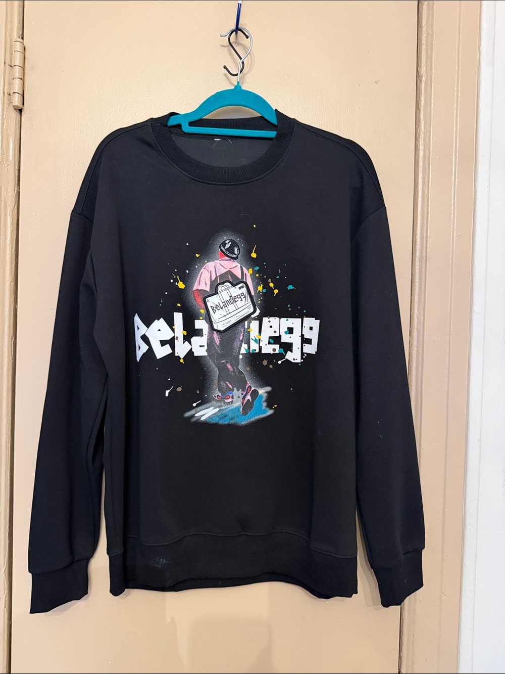 Black Graphic Crewneck Sweatshirt with Colorful Illustration